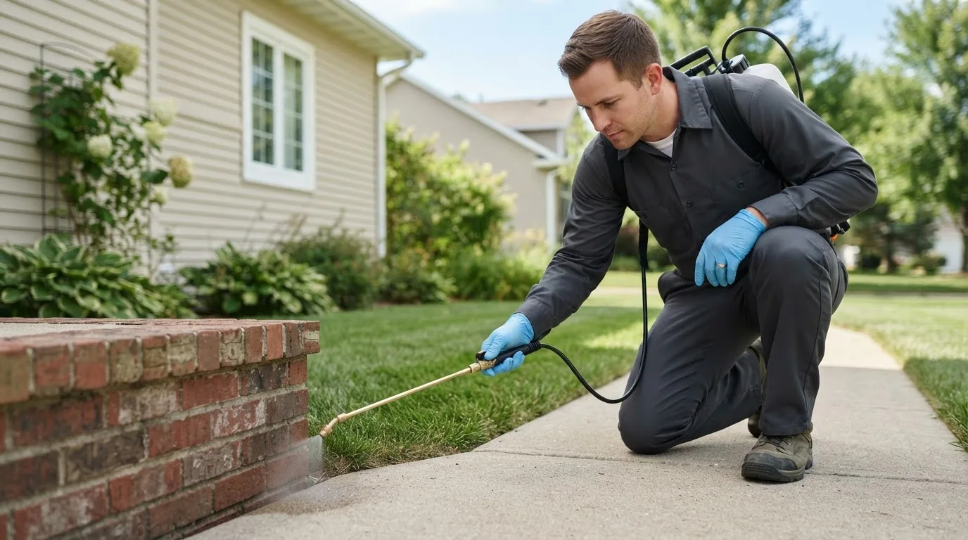 Pest control technician treating a home near Castleton, VT